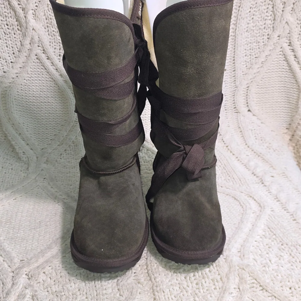 EMU Australia Wrap Knee High Boots Brown Suede Wool Shearling Womens 6 Excellent